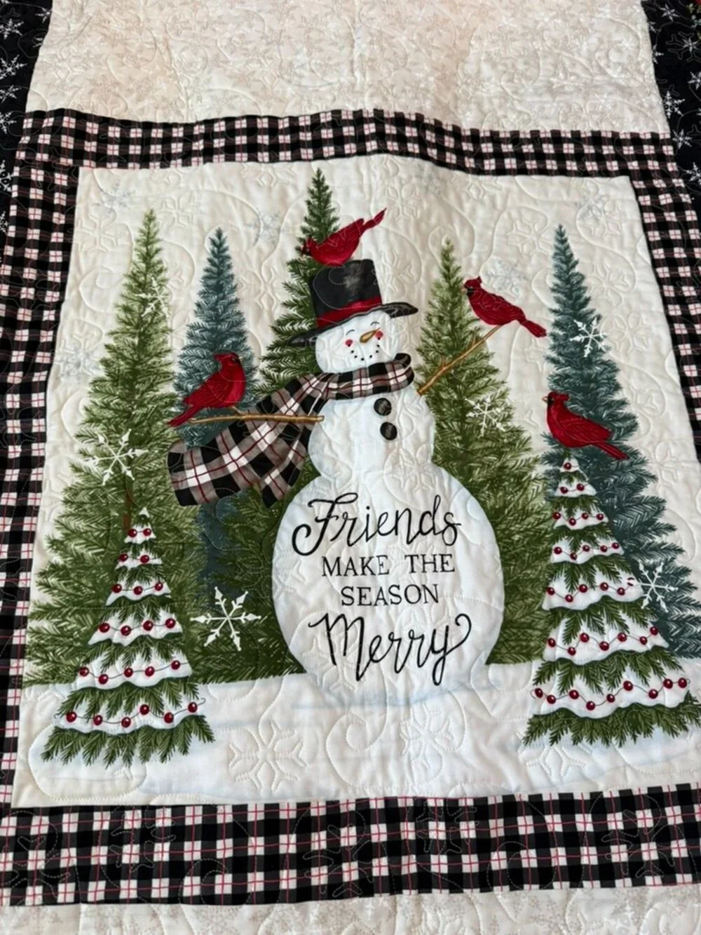 Handmade Quilt 63x43 Christmas Red Cardinal Snowman Friends Snowflake Birdhouse